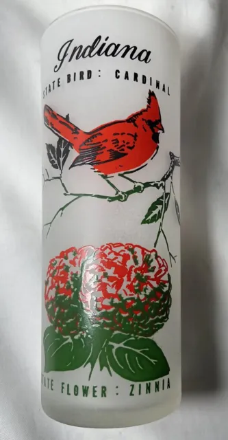 Indiana Cardinal Zinnia State Bird Flower 6.5” Tall Frosted Souvenir Glass 1960s