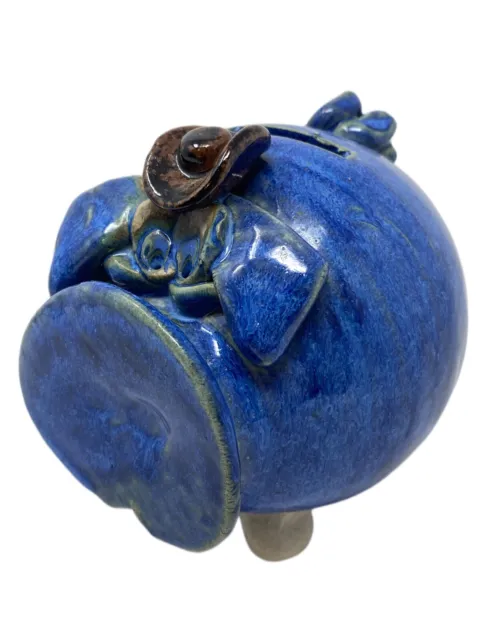 Vtg Folk Art Stoneware Clay Pottery Cowboy Pig Piggy Bank Glazed Blue No Cork