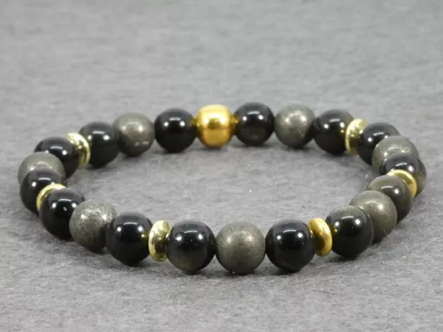 Bracelet Lithothérapie - Protection et Prospérité, Pyrite et Obsidienne en 8mm