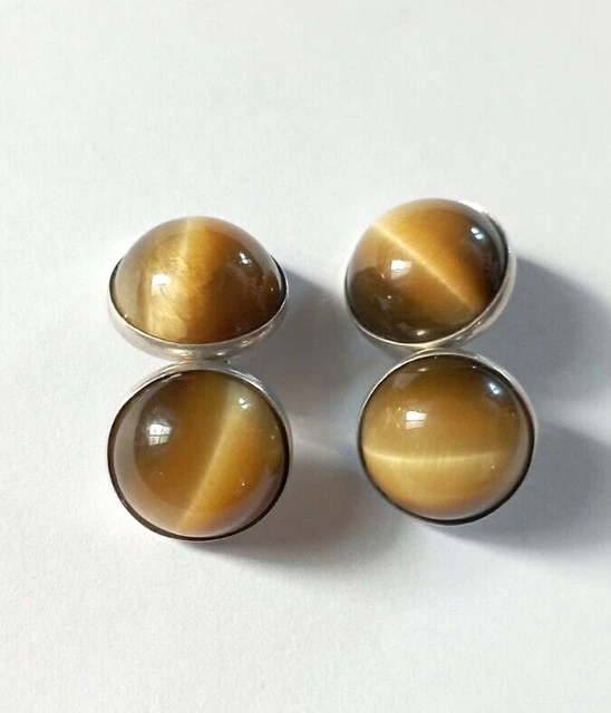 Ancienne Paire De Boutons De Manchette Œil Du Tigre Sur Argent Massif.