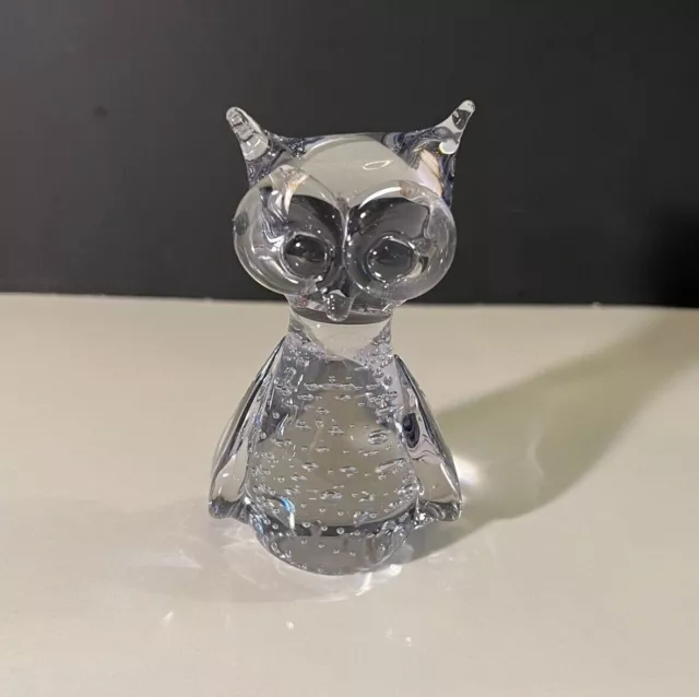 Art Glass OWL Paperweight Controlled Bubbles LEONARD Silver Mfg Towle 4.25" Tall