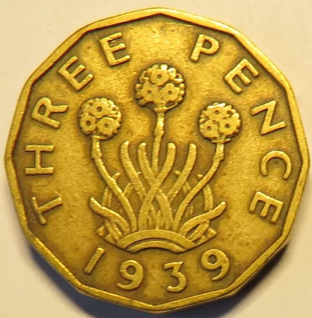 GB Coin: 1939 Brass Threepence in a nice Fine grade. Low mintage year.