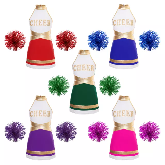 UK Kids Girls Cheerleader Outfit Dance Cheerleader Costume With Pom Poms School