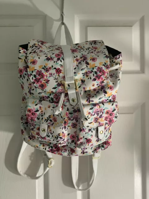 Women Purse Backpack Tote Bag White Floral Beach Shopping Patent Leather