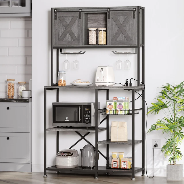 Bakers Rack Coffee Bar with Cabinet Farmhouse Microwave Stand with Barn Doors