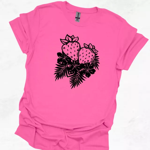 Womens Strawberry Graphic T-Shirt Tee Pink Sz M-XL Foodie Gift Unisex