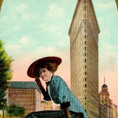 c.1910 Flat Iron Building NY NYC Pun Postcard Pretty Lady Doing Up Skirts Humor