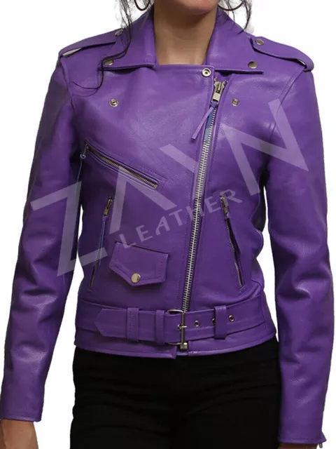 Chaqueta elegante de cuero púrpura suave de piel de cordero para mujer