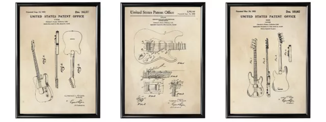 Patent Prints - Set of 3 Classic Fender Guitars - Poster Wall Art - A4 Framed