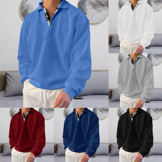 Male Casual Plaid Hoodless Sweatshirt Long Sleeve Turn Down Collar Button Hot