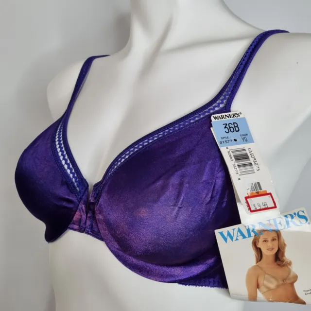 Vtg Nwt Warners Bright Shine Purple Satin Bra 1577 Front Close Second Skin 36B