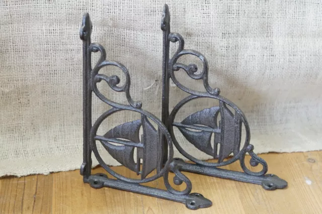 2 CAST IRON ANTIQUE STYLE SAIL BOAT NAUTICAL BRACKETS GARDEN BRACES SHELF Corbel