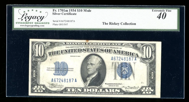 DBR 1934 $10 Silver Mule Fr. 1701m Legacy XF-40 Serial A67248187A