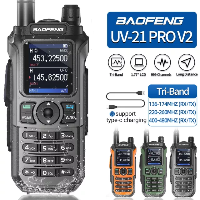 Baofeng UV-21 Pro V2 Walkie Talkie Tri Band Type-C Long Range Ham Two Way Radio