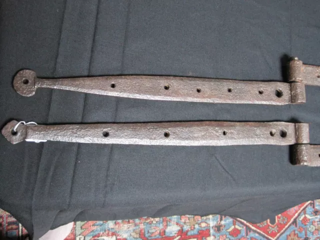 TWO Early 19c Hand Blacksmith Forged Iron Door Hinges Hammered Finished c1830
