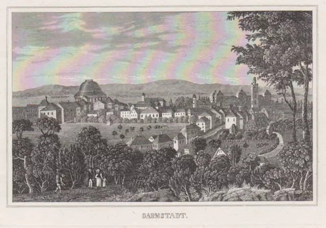 Darmstadt Vista General Original Grabado Strahlheim 1837