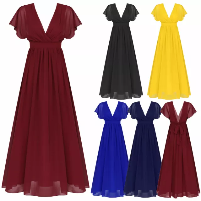 Women A Line Pleated Long Chiffon Formal Dress V Neck Bridesmaid Party Dresses