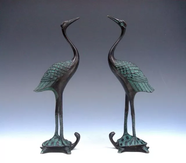 Vintage Pair Bronze Crafted Sculptures Crane Standing On Turtle #07142212