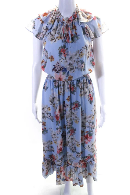 Shoshanna Womens Floral Tie Ruffle V Neck Synch Waist Maxi Dress Blue Size 2 Shoshanna Womens Floral Tie Ruffle V Neck Synch Waist Maxi Dress Blue Size 2
