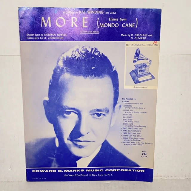 VINTAGE 1963 MORE Sheet Music Theme From Mondo Cane Kai Winding Cover 