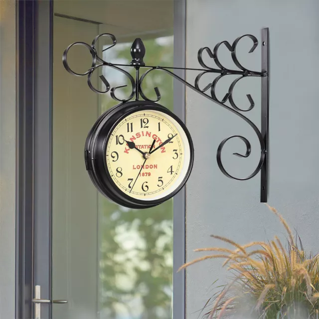 Large Outdoor Garden Train Station Double Sided Face Wall Clock Hanging Bracket