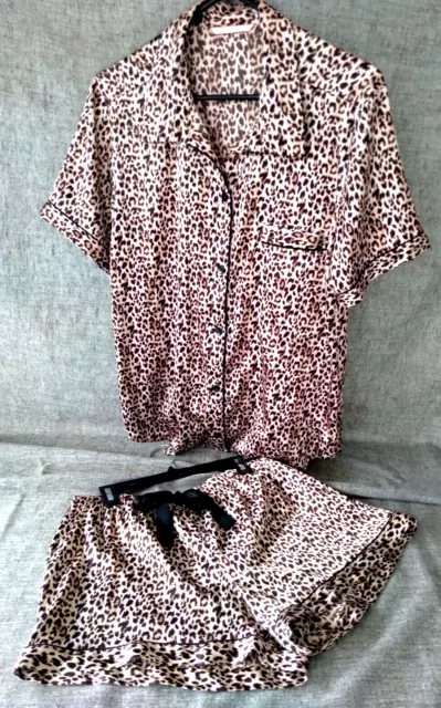 Victorias Secret M Button Up Pajama Set Short Sleeve Leopard Satin Top + Shorts