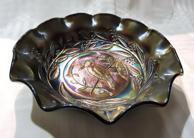 Large Iridescent Black Amethyst Carnival Glass Bowl Decorated Kingfisher Rd4184