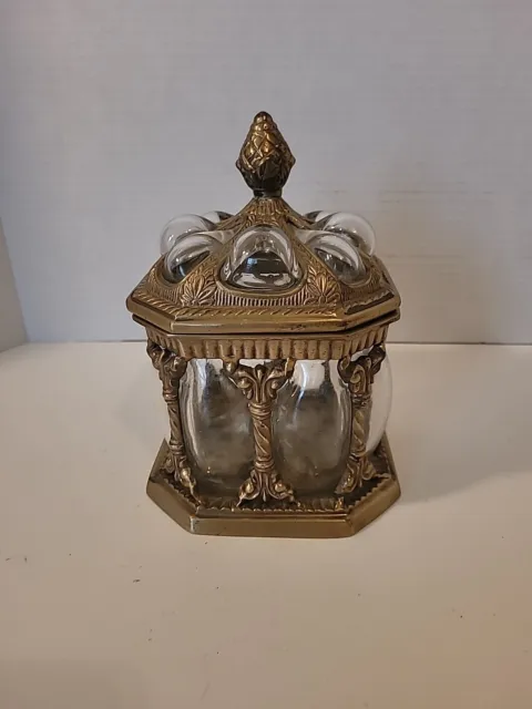 Vintage Baroque Brass & Hand Blown Bubble Glass Lidded Apothecary Jar/Trinket