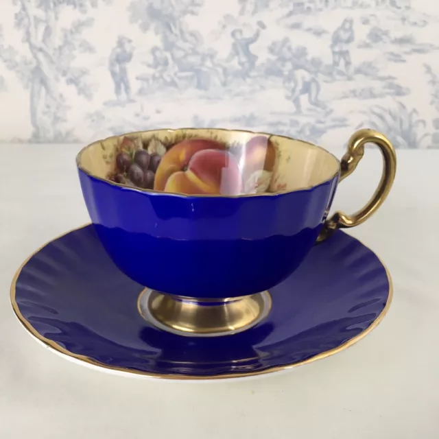 Aynsley Bone China 'Fruit Orchard' Tea Cup & Saucer Cobalt Blue