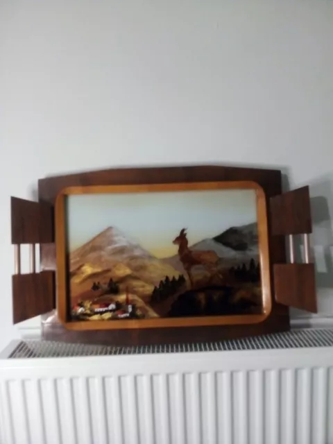 Plateau En Bois Et Verre Peint  Signé FLOREL