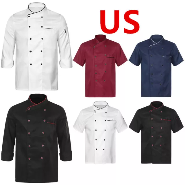 US Unisex Cotton Chef Coat Cooks Jacket Works Kitchen Restaurant Canteen Uniform