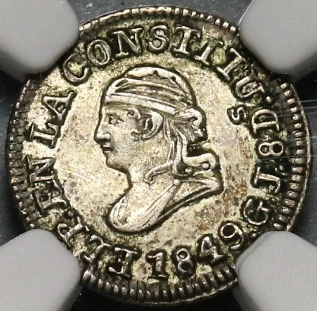 1849 NGC AU 53 Ecuador 1/4 Real Silver Liberty Quito Un Quarto Coin (20091901C)