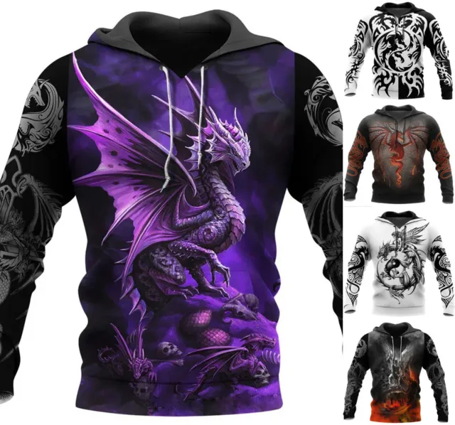 Mens Fantasy Dragon Graphic Print Hoodie Sweatshirt Top - Sizes XS-6XL