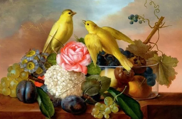 BIRDS Canaries & Flowers Fruit STILL LIFE ART Franz Petter Russian NEW postcard