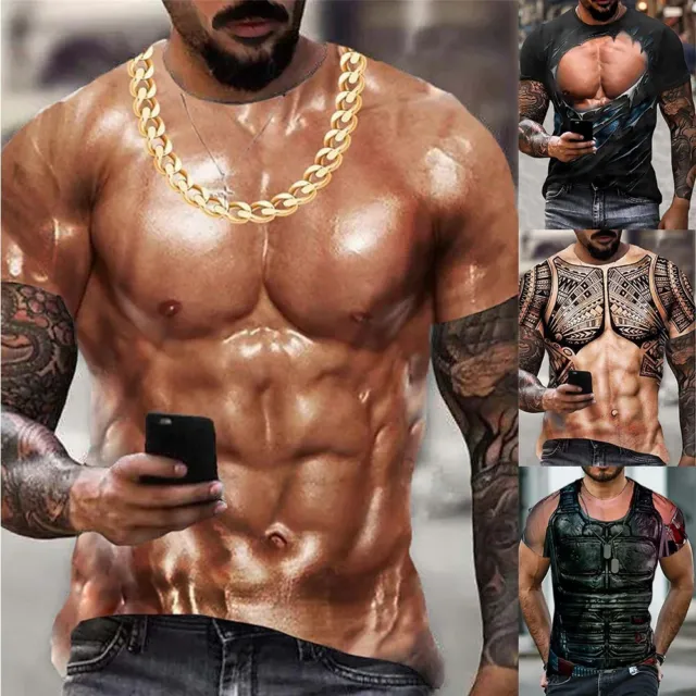 Men 3D-Muscle Tattoo Print T-Shirt Short Sleeve Digital Printing Shirts-Tops Tee