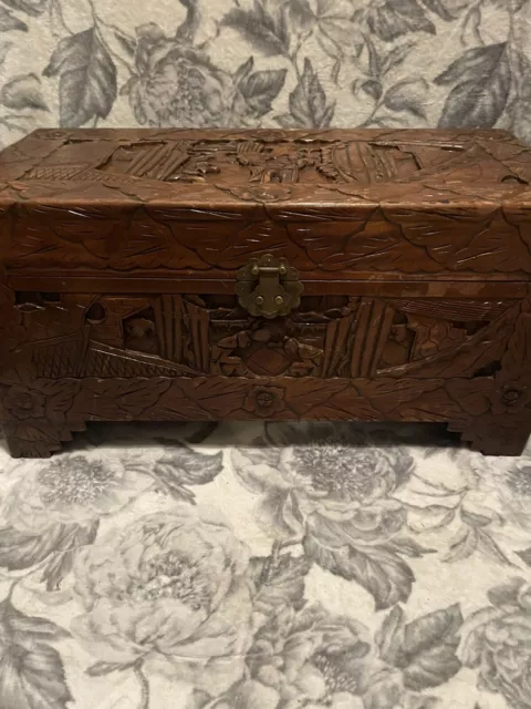 five side hand carved vintage chineese camphorwood ornate detailed chest 2