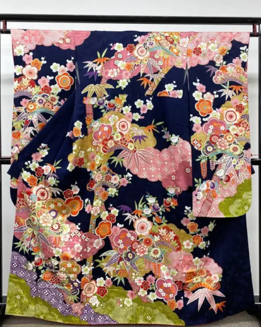 Furisode Kimono Pure Silk Japanese Traditional Maple Leaves Pink Orange Japan