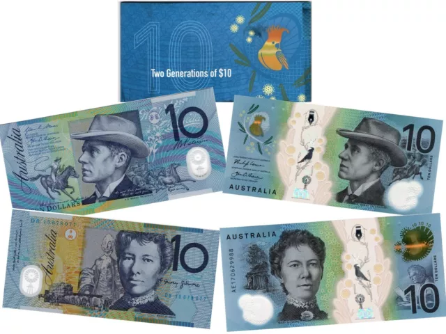 Australia Two Generations $10 Banknotes UNC Pair in Folder AE17 + DB15