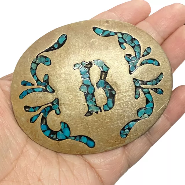 Vintage Fashion Turquoise Inlayed Letter B Oval Silvertone Belt Buckle