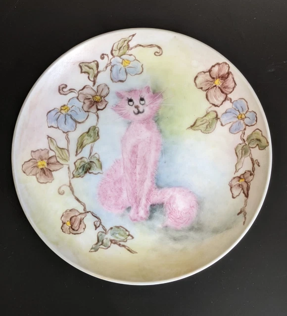 Pink Cat Kitty Plate Flowers Floral Green Hand-Painted Artwork Kitsch Vintage