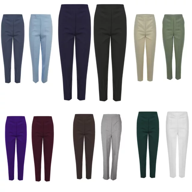 Womens Trousers Ladies Half Elasticated Stretch Waist Work Office Pockets Pants