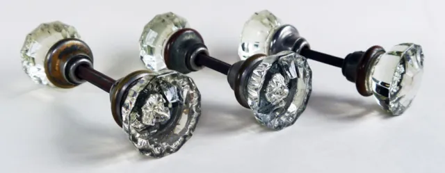 3 x Pairs Antique Round Crystal Glass & Brass Door Knobs Handles