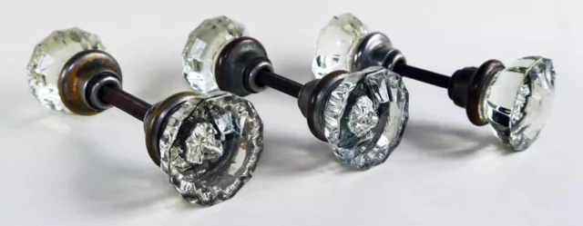 3 x Pairs Antique Round Crystal Glass & Brass Door Knobs Handles
