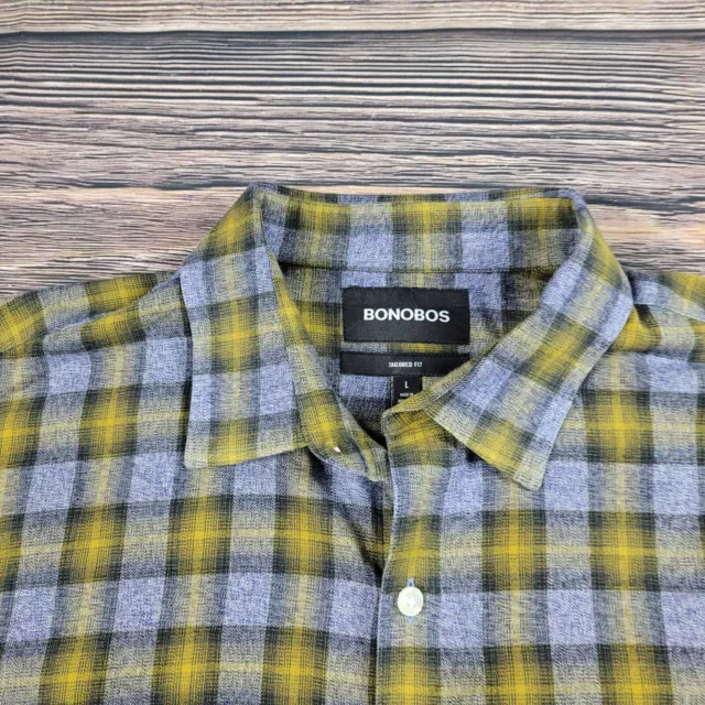 Bonobos Shirt Men's Yellow Gray Plaid Tailored Fit Slim Fit Button Up Large L