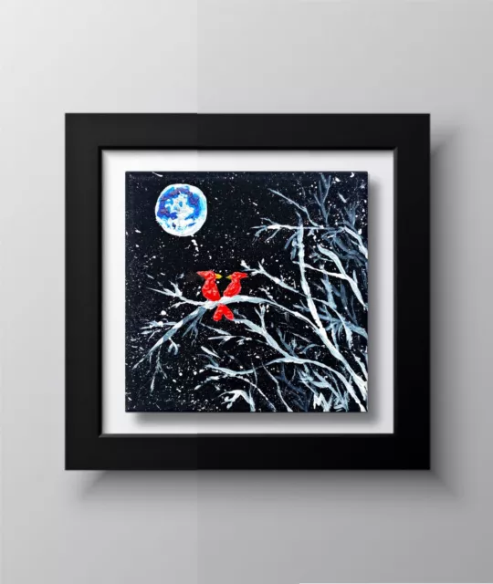 Cardinal Painting Loving Couple Art on Snowy Night Art Bird art ORIGINAL art 5"