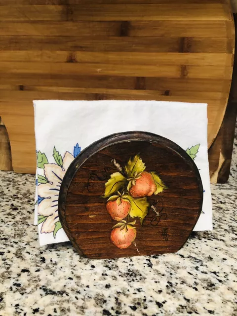 Vintage Wooden Napkin Holder Strawberries Hand Painted Farmhouse Rustic Letter