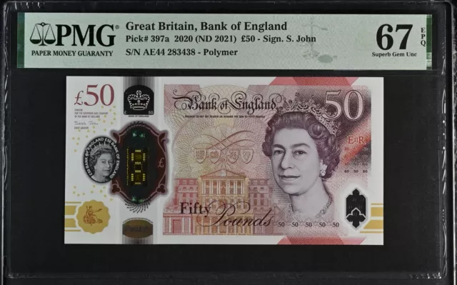 Great Britain 50 Pounds 2020 ND 2021 P 397 a Polymer Superb Gem UNC PMG 67 EPQ