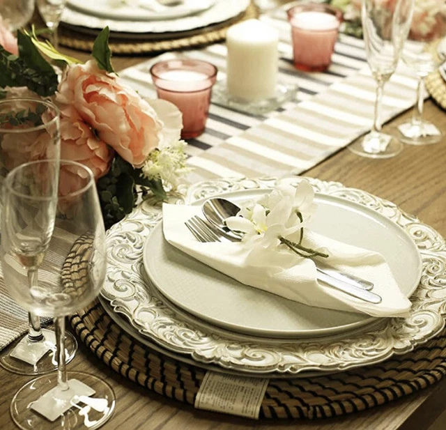 Antike elegante Ladeplatten 33 cm weiß Abendessen Kunststoff Servierware Hochzeit 6 Stck.