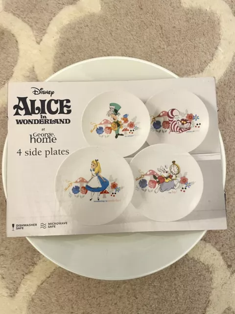 Disney Alice In Wonderland Tea Party 4 Side Plates Mad Hatter Cheshire Cat Gift