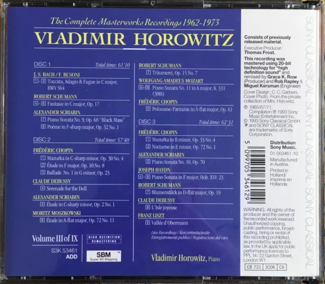 Horowitz・Complete Masterworks・Vol. III・The Historic Return 1965/66・3CD 1993・Top! 3